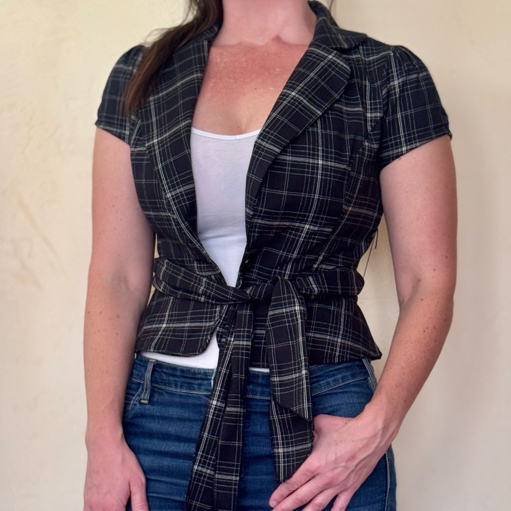 Toy Box Clothing Plaid Short Sleeve Blazer with Tie Belt